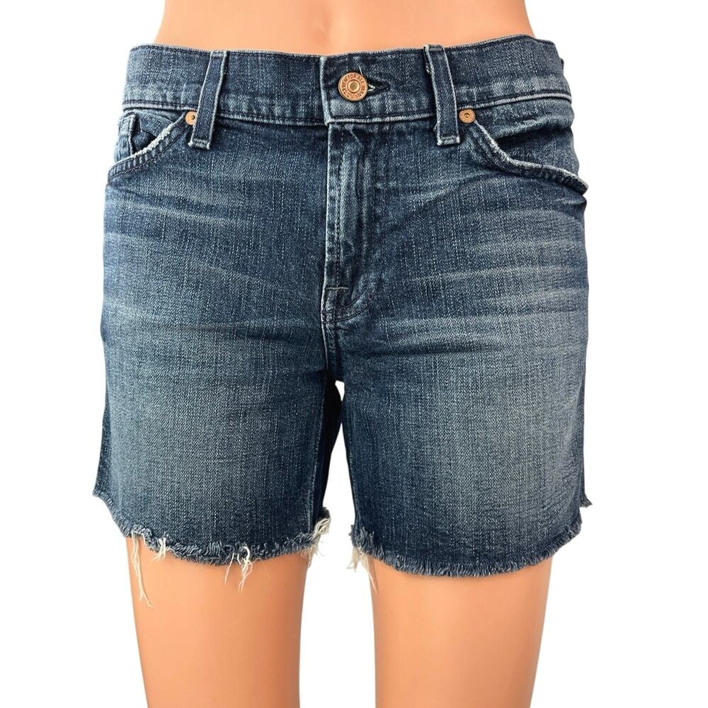 7 For All Mankind Dark Wash Low Rise Frayed Hem Cut Off Denim Jeans Shorts 27 - Picture 1 of 5